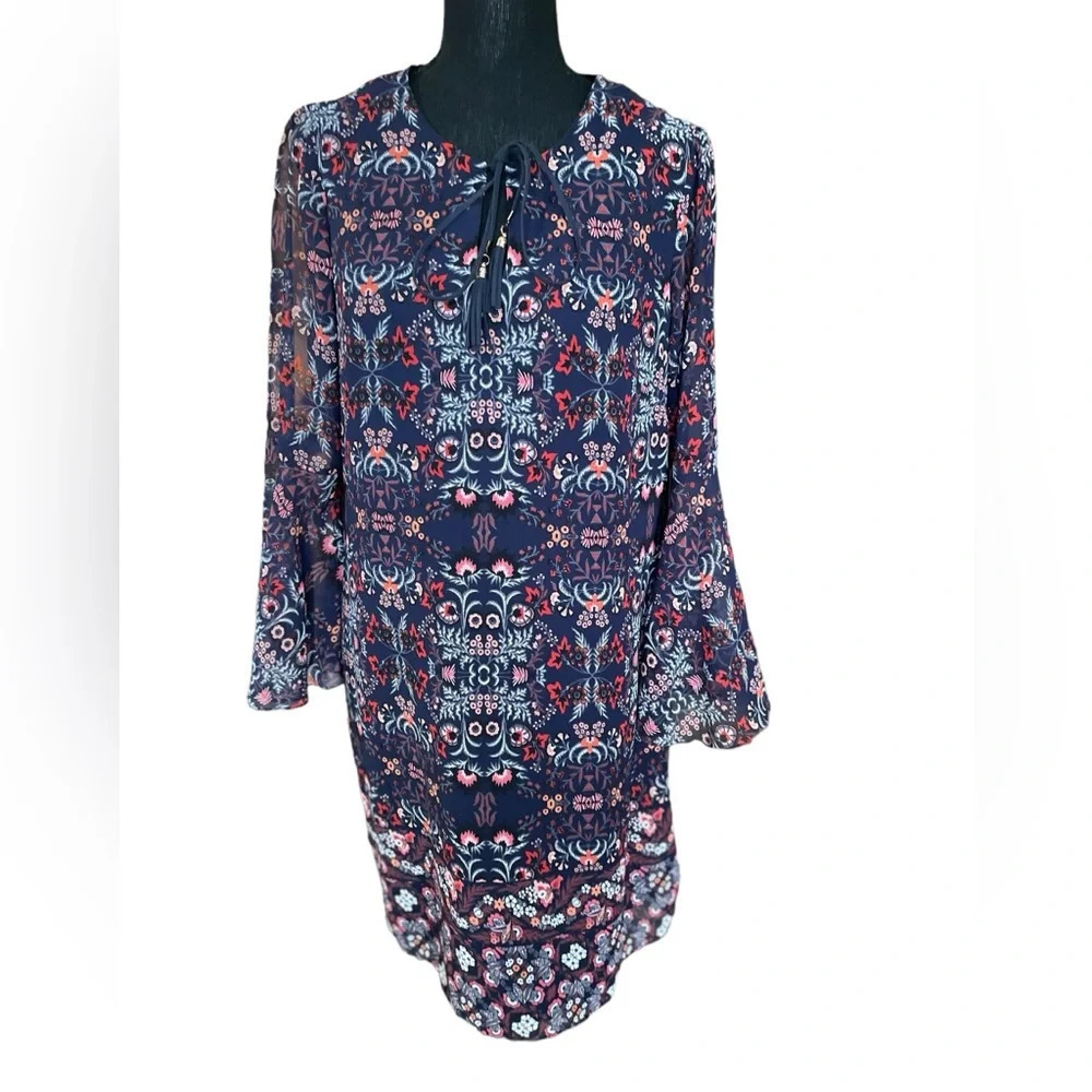 Vince Camuto Floral Boho Blue Tassel Tie Neck Bell Sleeve Shift Dress Size 10